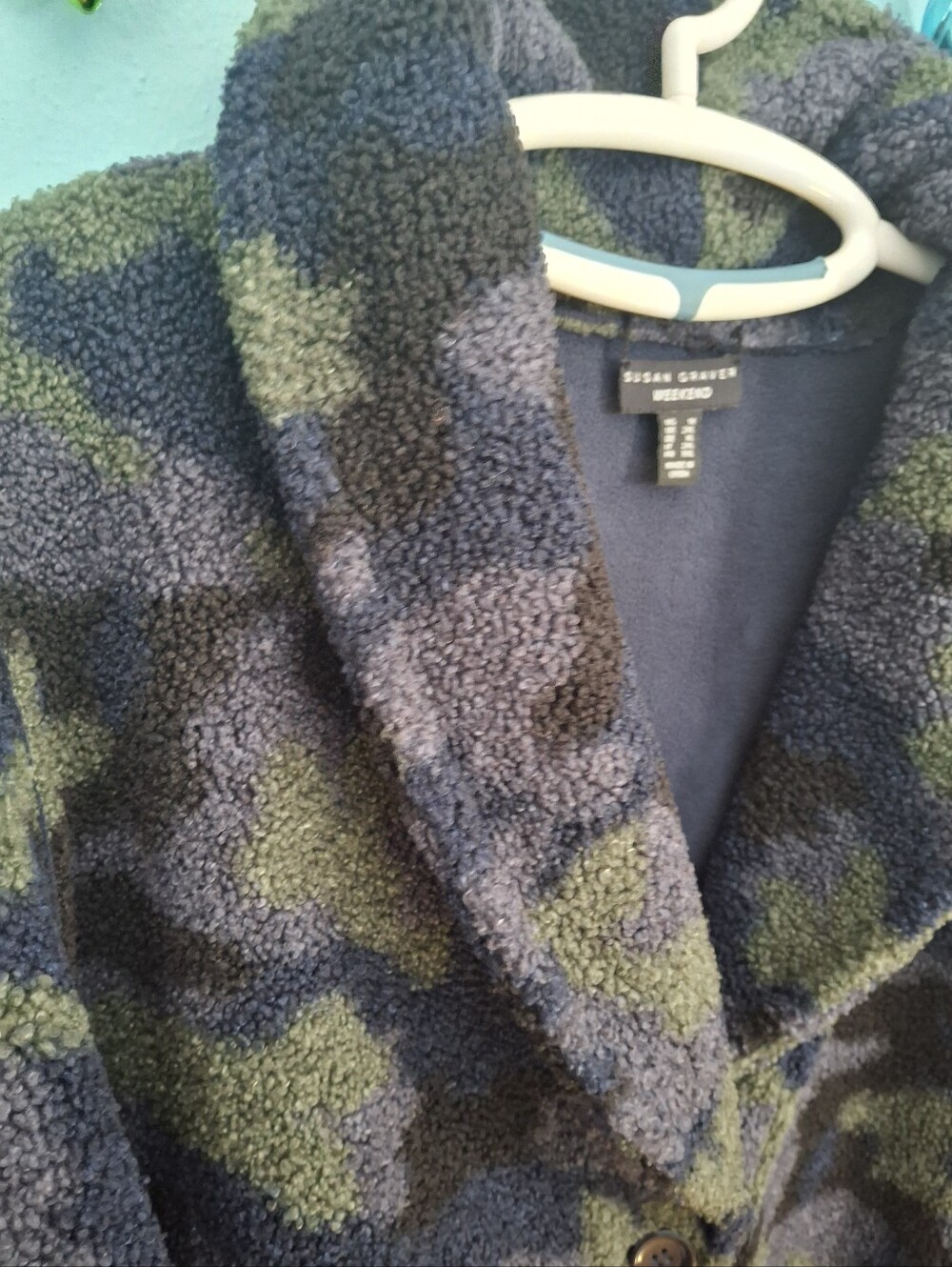 Susan Graver Plush Camo Green Blue Black Jacket Coat Women's 2XL 34in. - Picture 9 of 14
